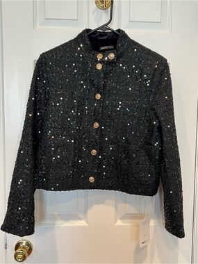 MOTF Black Sequin Tweed Jacket with Gold Buttons